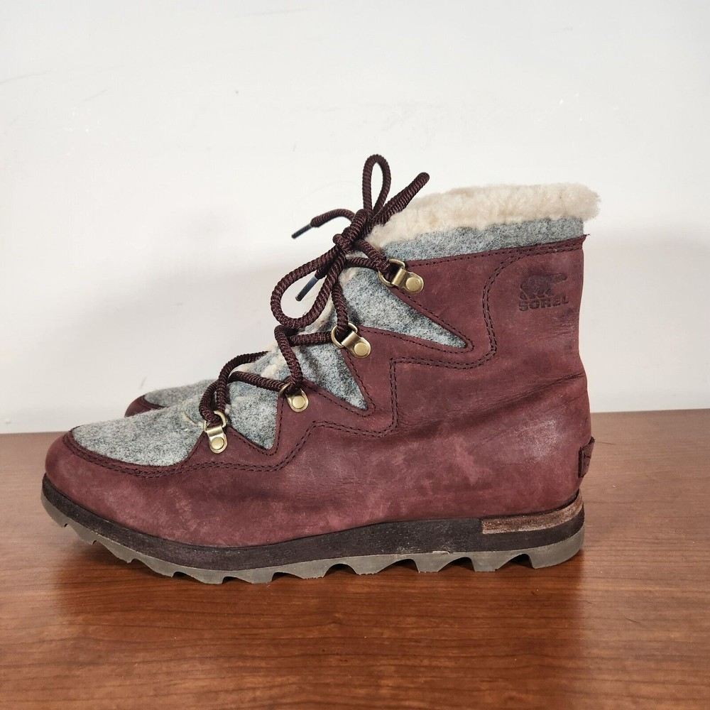 Women's SOREL Winter Leather Boots Sneakchic Cattail Alpine Size 12 Red/Brown